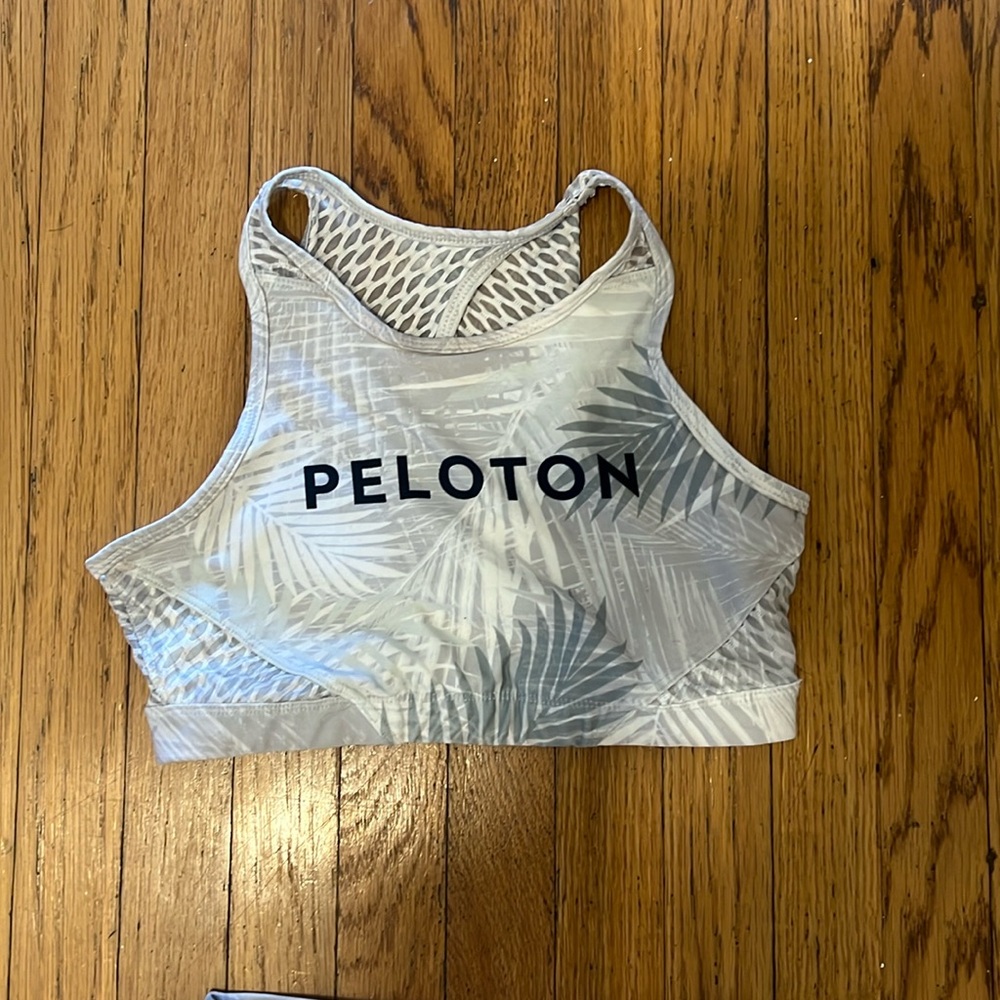 Rare Peloton x With sports bra, white and grey tropical palm print. Small